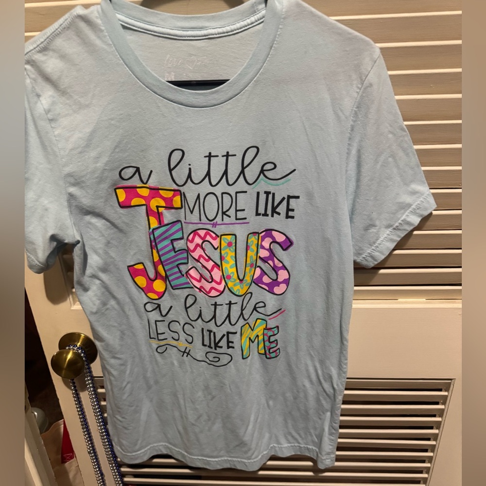 Love faith boutique religious t-shirt, light blue, M, short sleeves